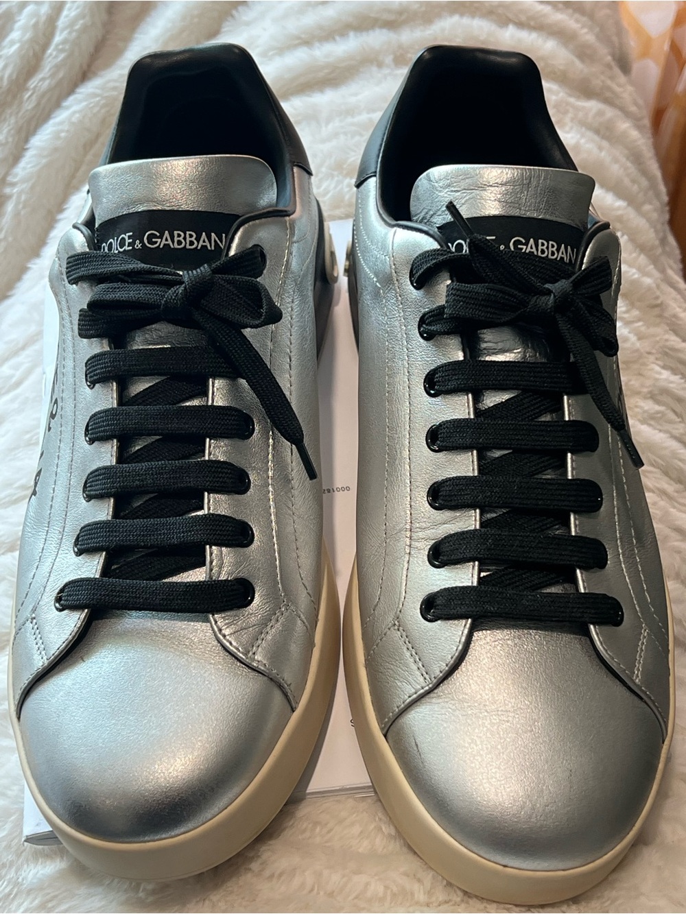 Dolce & Gabbana Silver Leather Low-Top Sneakers with Black Accents